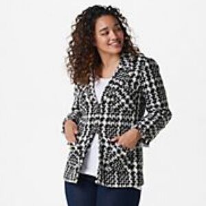 Dennis Basso Black White Tweed Blazer Jacket 4 Work Party Frayed Pearl Button